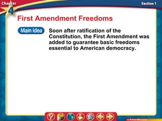First Amendment Freedoms
       Soon after ratification of the
       Constitution, the First Amendment was
       added to guarantee basic freedoms
       essential to American democracy.
 