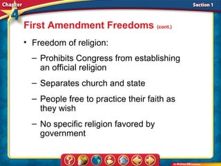 First Amendment Freedoms (cont.)
• Freedom of religion:
  – Prohibits Congress from establishing
    an official religion
  – Separates church and state
  – People free to practice their faith as
    they wish
  – No specific religion favored by
    government
 