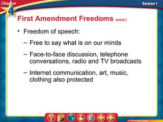 First Amendment Freedoms (cont.)
• Freedom of speech:
 – Free to say what is on our minds
 – Face-to-face discussion, telephone
   conversations, radio and TV broadcasts
 – Internet communication, art, music,
   clothing also protected
 