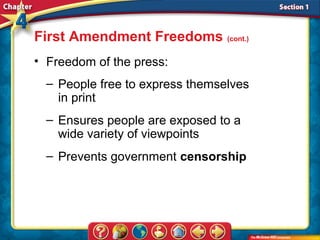 First Amendment Freedoms (cont.)
• Freedom of the press:
  – People free to express themselves
    in print
  – Ensures people are exposed to a
    wide variety of viewpoints
  – Prevents government censorship
 