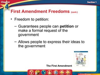First Amendment Freedoms (cont.)
• Freedom to petition:
  – Guarantees people can petition or
    make a formal request of the
    government
  – Allows people to express their ideas to
    the government



                    The First Amendment
 