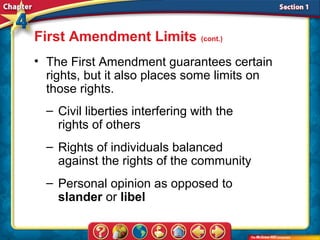 First Amendment Limits (cont.)
• The First Amendment guarantees certain
  rights, but it also places some limits on
  those rights.
  – Civil liberties interfering with the
    rights of others
  – Rights of individuals balanced
    against the rights of the community
  – Personal opinion as opposed to
    slander or libel
 