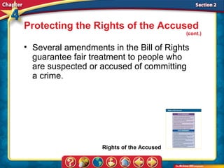 Protecting the Rights of the Accused
                                           (cont.)

• Several amendments in the Bill of Rights
  guarantee fair treatment to people who
  are suspected or accused of committing
  a crime.




                   Rights of the Accused
 