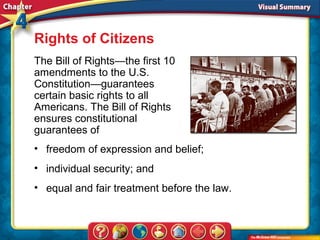 Rights of Citizens
The Bill of Rights—the first 10
amendments to the U.S.
Constitution—guarantees
certain basic rights to all
Americans. The Bill of Rights
ensures constitutional
guarantees of
• freedom of expression and belief;
• individual security; and
• equal and fair treatment before the law.
 