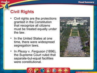 Civil Rights
• Civil rights are the protections
  granted in the Constitution
  that recognize all citizens
  must be treated equally under
  the law.
• In the United States at one
  time, there were widespread
  segregation laws.
• In Plessy v. Ferguson (1896),
  the Supreme Court ruled that
  separate-but-equal facilities
  were constitutional.
 