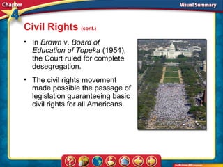 Civil Rights (cont.)
• In Brown v. Board of
  Education of Topeka (1954),
  the Court ruled for complete
  desegregation.
• The civil rights movement
  made possible the passage of
  legislation guaranteeing basic
  civil rights for all Americans.
 