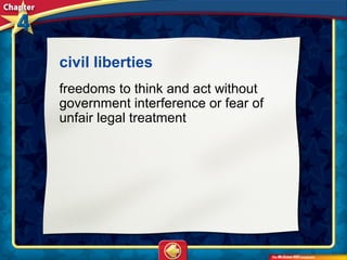 civil liberties 
freedoms to think and act without
government interference or fear of
unfair legal treatment
 