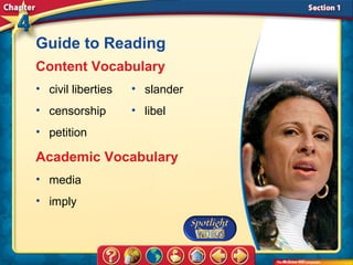 Guide to Reading
Content Vocabulary
• civil liberties   • slander
• censorship        • libel
• petition

Academic Vocabulary
• media
• imply
 