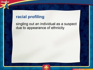 racial profiling 
singling out an individual as a suspect
due to appearance of ethnicity
 