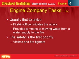 4
  Engine Company Tasks (1 of 4)
• Usually first to arrive
  – First-in officer initiates the attack.
  – Provides a means of moving water from a
    water supply to the fire
• Life safety is the first priority.
  – Victims and fire fighters
 