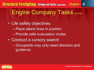 4
  Engine Company Tasks (2 of 4)
• Life safety objectives
  – Place attack lines in position
  – Provide safe evacuation routes
• Conduct a cursory search
  – Occupants may only need direction and
    guidance.
 