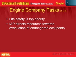 4
  Engine Company Tasks (4 of 4)
• Life safety is top priority.
• IAP directs resources towards
  evacuation of endangered occupants.
 