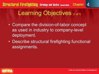 4
     Learning Objectives (1 of 7)
• Compare the division-of-labor concept
  as used in industry to company-level
  deployment.
• Describe structural firefighting functional
  assignments.
 