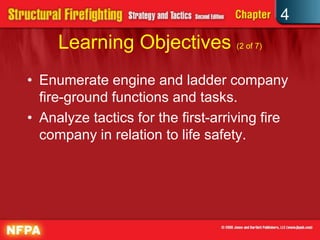 4
     Learning Objectives (2 of 7)
• Enumerate engine and ladder company
  fire-ground functions and tasks.
• Analyze tactics for the first-arriving fire
  company in relation to life safety.
 