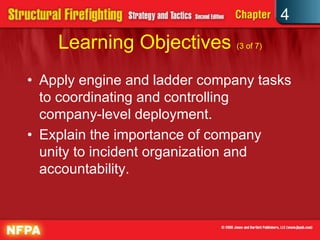 4
    Learning Objectives (3 of 7)
• Apply engine and ladder company tasks
  to coordinating and controlling
  company-level deployment.
• Explain the importance of company
  unity to incident organization and
  accountability.
 