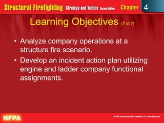 4
     Learning Objectives (7 of 7)
• Analyze company operations at a
  structure fire scenario.
• Develop an incident action plan utilizing
  engine and ladder company functional
  assignments.
 