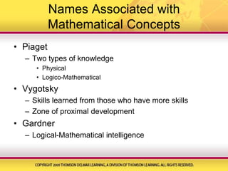 Names Associated with Mathematical ConceptsPiagetTwo types of knowledgePhysicalLogico-MathematicalVygotskySkills learned from those who have more skillsZone of proximal developmentGardnerLogical-Mathematical intelligence