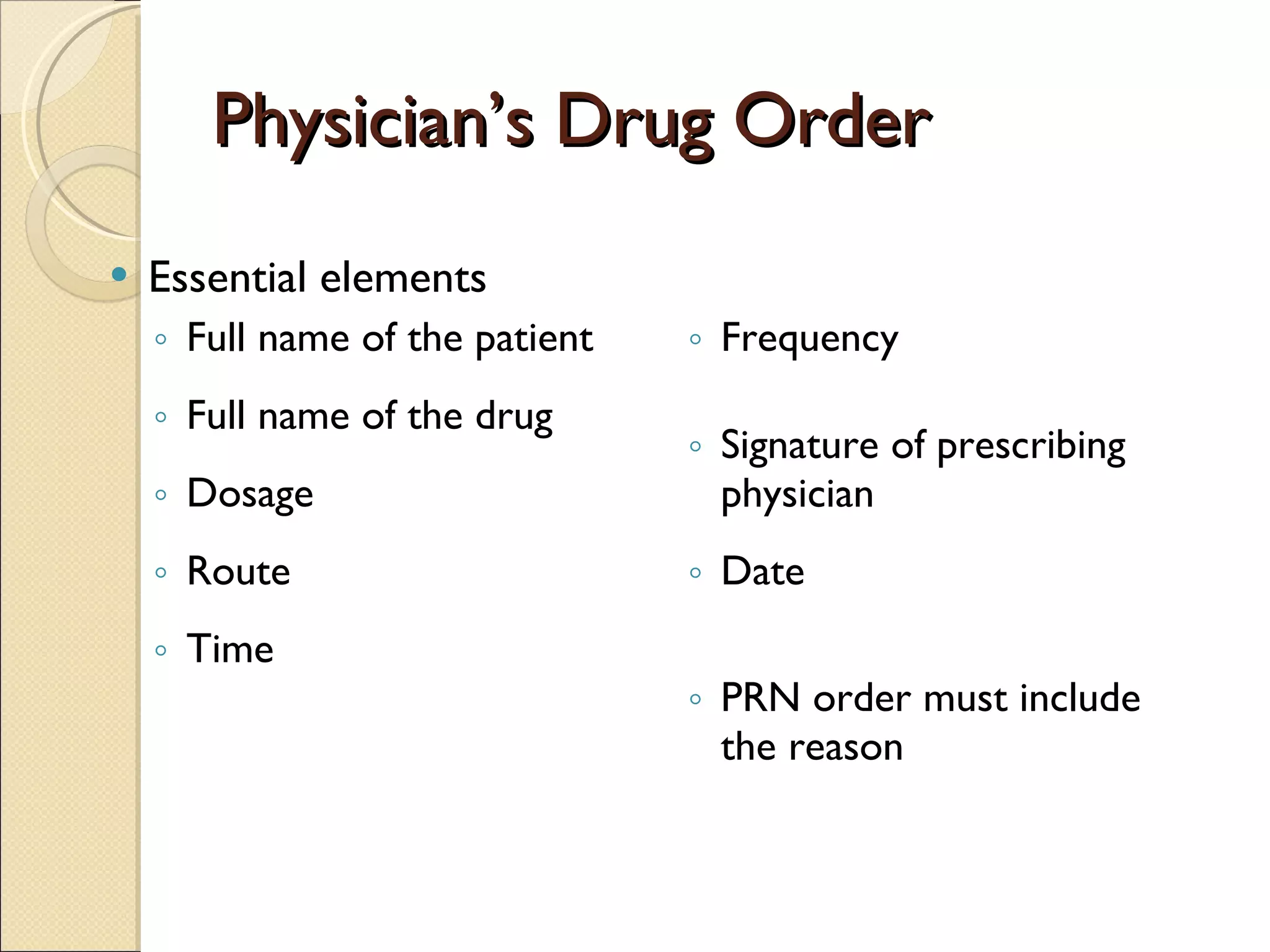Physician’s Drug Order Essential elements Full name of the patient Full name of the drug Dosage  Route Time  Frequency Signature of prescribing physician Date  PRN order must include the reason 