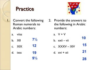 Practice  1. Convert the following Roman numerals to Arabic numbers: viiss XII XIX ixss 2. Provide the answers to the following in Arabic numbers: V + V xxii – vii XXXV – XIV xvi + xii 7½  12   19 9½   10  15  21  28  
