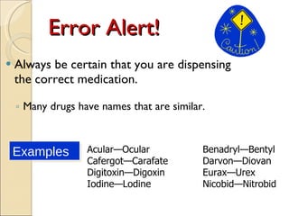 Error Alert! Always be certain that you are dispensing the correct medication. Many drugs have names that are similar. Acular—Ocular Benadryl—Bentyl Cafergot—Carafate Darvon—Diovan Digitoxin—Digoxin Eurax—Urex Iodine—Lodine Nicobid—Nitrobid Examples 