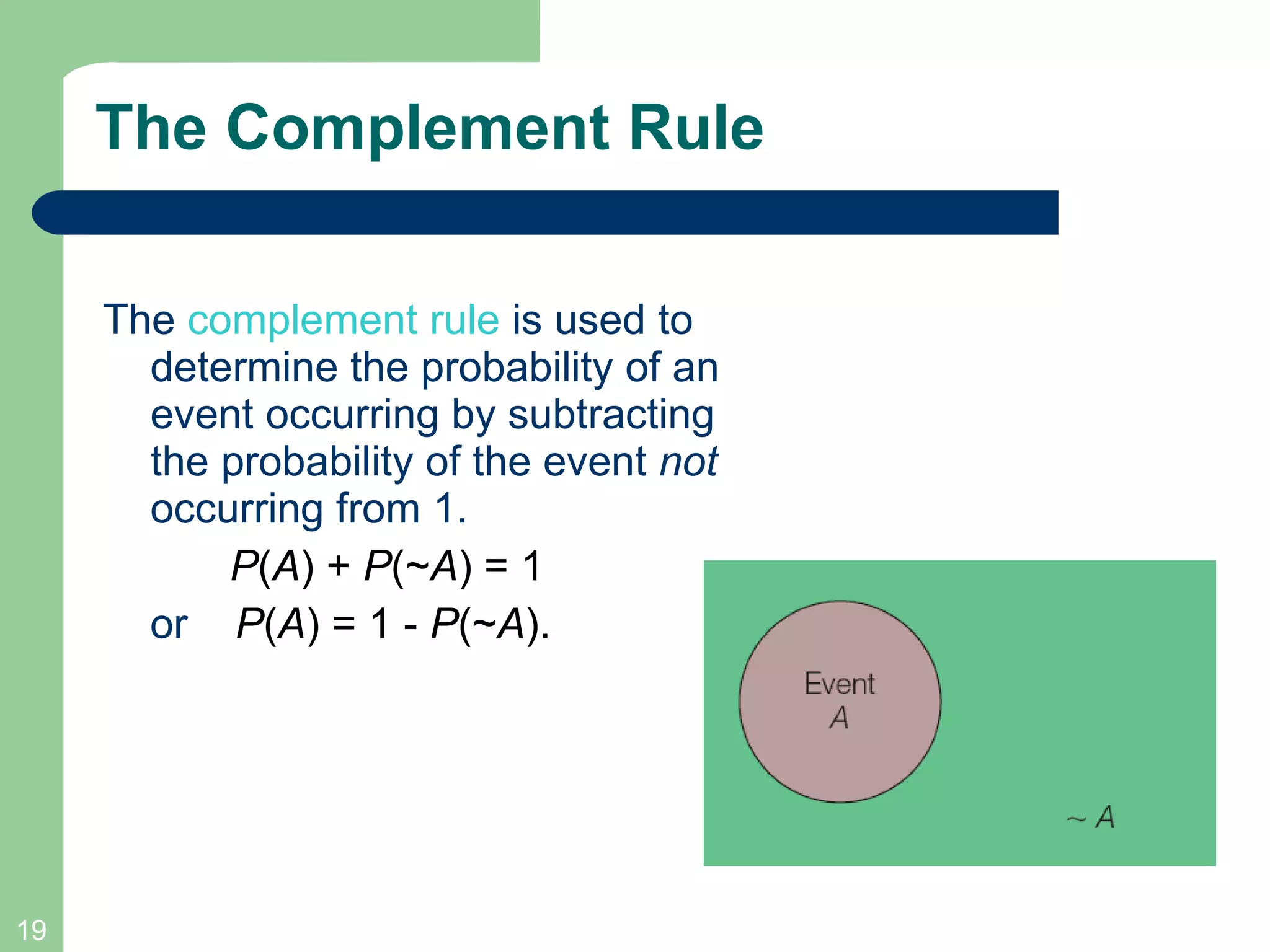 The Complement Rule The  complement rule  is used to determine the probability of an event occurring by subtracting the probability of the event  not  occurring from 1.  P ( A ) +  P (~ A ) = 1   or  P ( A ) = 1 -  P (~ A ). 