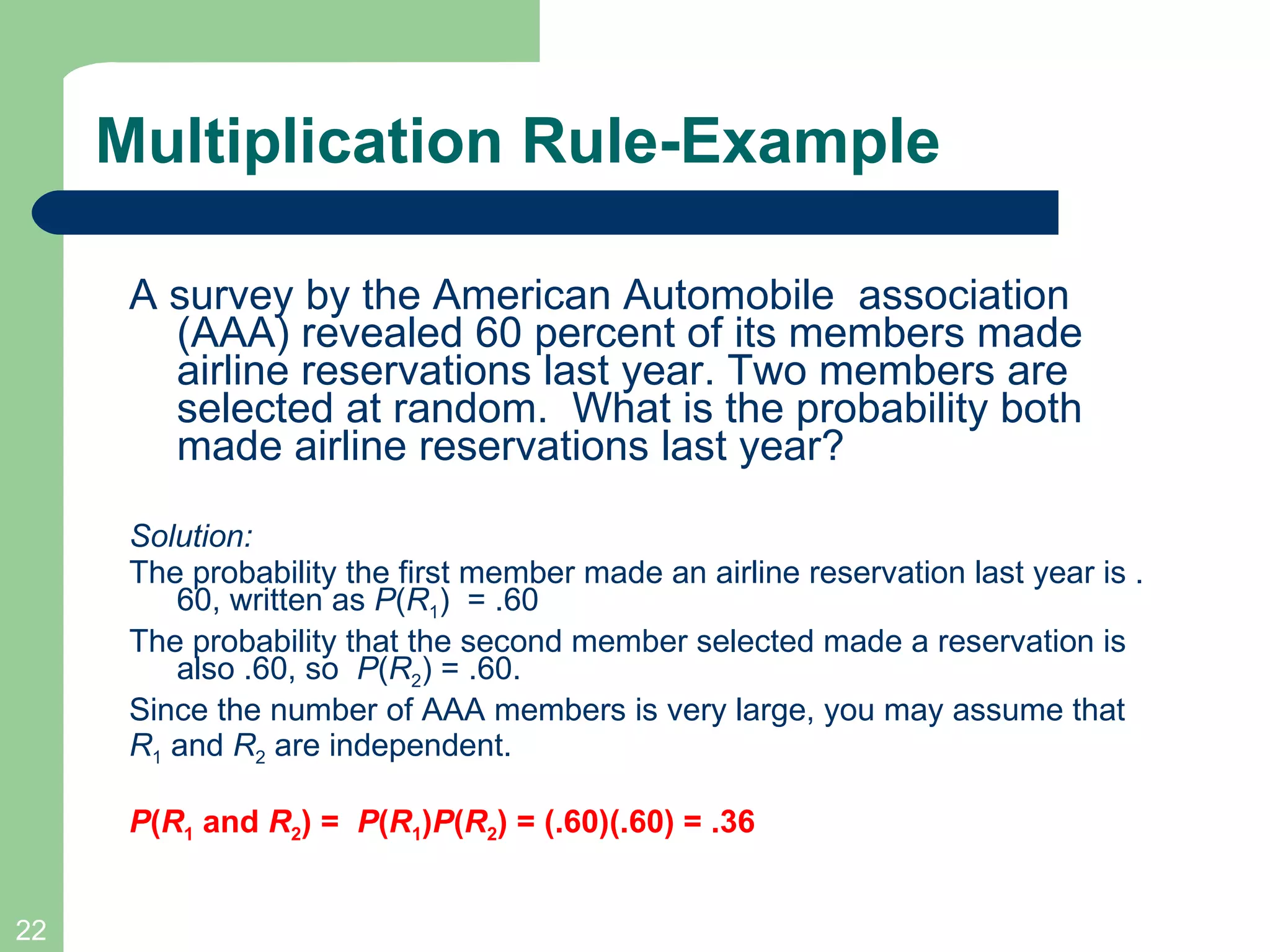 Multiplication Rule-Example A survey by the American Automobile  association (AAA) revealed 60 percent of its members made airline reservations last year. Two members are selected at random.  What is the probability both made airline reservations last year? Solution: The probability the first member made an airline reservation last year is .60, written as  P ( R 1 )  = .60 The probability that the second member selected made a reservation is also .60, so  P ( R 2 ) = .60. Since the number of AAA members is very large, you may assume that R 1  and  R 2  are independent. P ( R 1  and  R 2 ) =  P ( R 1 ) P ( R 2 ) = (.60)(.60) = .36 