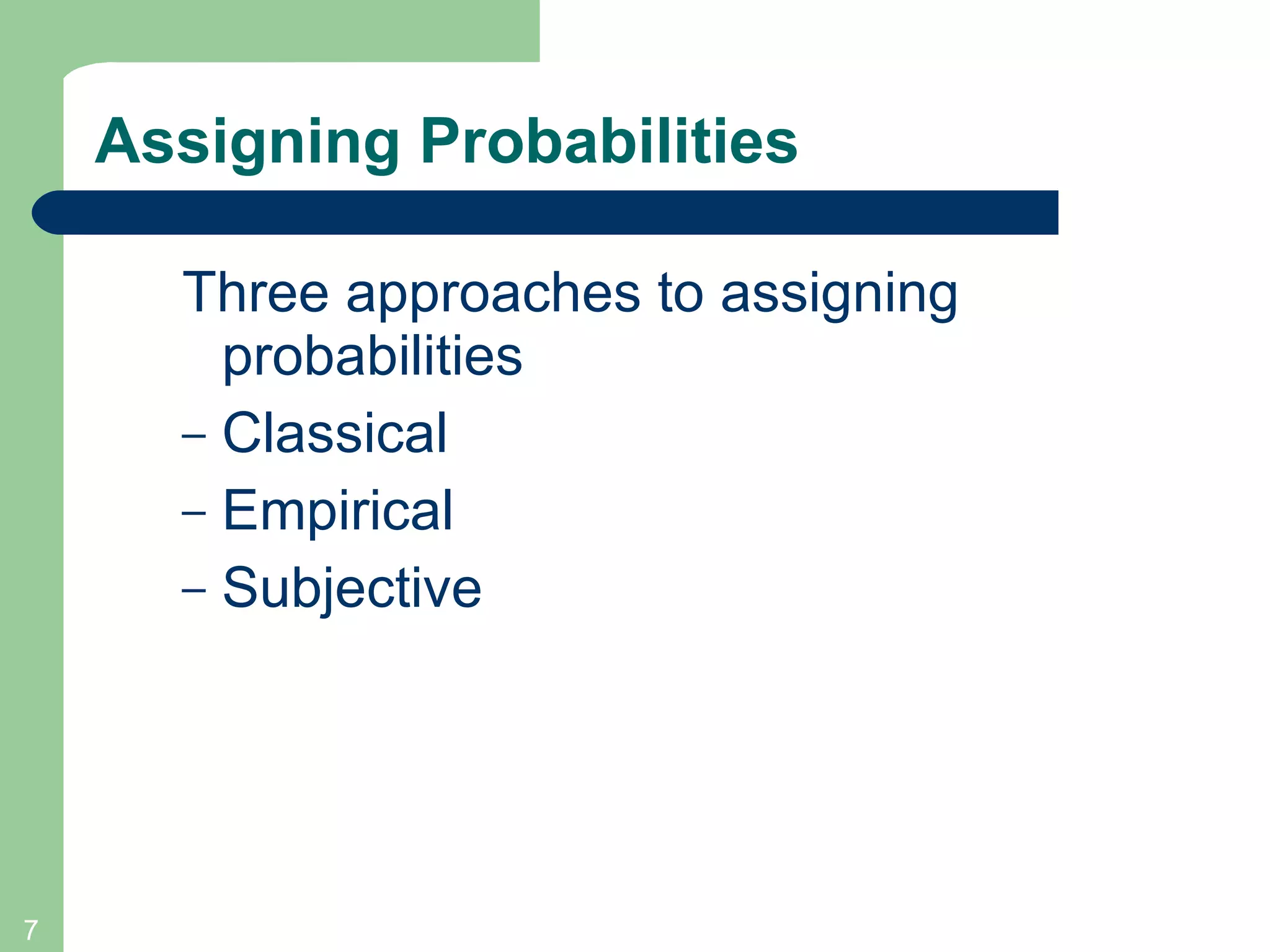 Assigning Probabilities Three approaches to assigning probabilities Classical Empirical  Subjective 