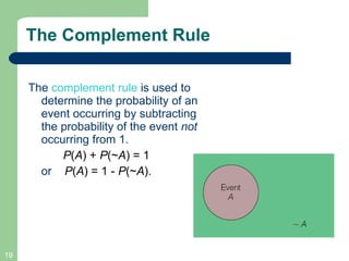 The Complement Rule The  complement rule  is used to determine the probability of an event occurring by subtracting the probability of the event  not  occurring from 1.  P ( A ) +  P (~ A ) = 1   or  P ( A ) = 1 -  P (~ A ). 