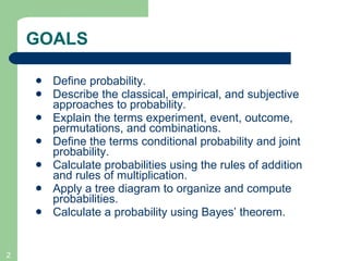 GOALS Define probability. Describe the classical, empirical, and subjective approaches to probability. Explain the terms experiment, event, outcome, permutations, and combinations. Define the terms conditional probability and joint probability. Calculate probabilities using the rules of addition and rules of multiplication. Apply a tree diagram to organize and compute probabilities. Calculate a probability using Bayes’ theorem. 