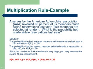 Multiplication Rule-Example A survey by the American Automobile  association (AAA) revealed 60 percent of its members made airline reservations last year. Two members are selected at random.  What is the probability both made airline reservations last year? Solution: The probability the first member made an airline reservation last year is .60, written as  P ( R 1 )  = .60 The probability that the second member selected made a reservation is also .60, so  P ( R 2 ) = .60. Since the number of AAA members is very large, you may assume that R 1  and  R 2  are independent. P ( R 1  and  R 2 ) =  P ( R 1 ) P ( R 2 ) = (.60)(.60) = .36 