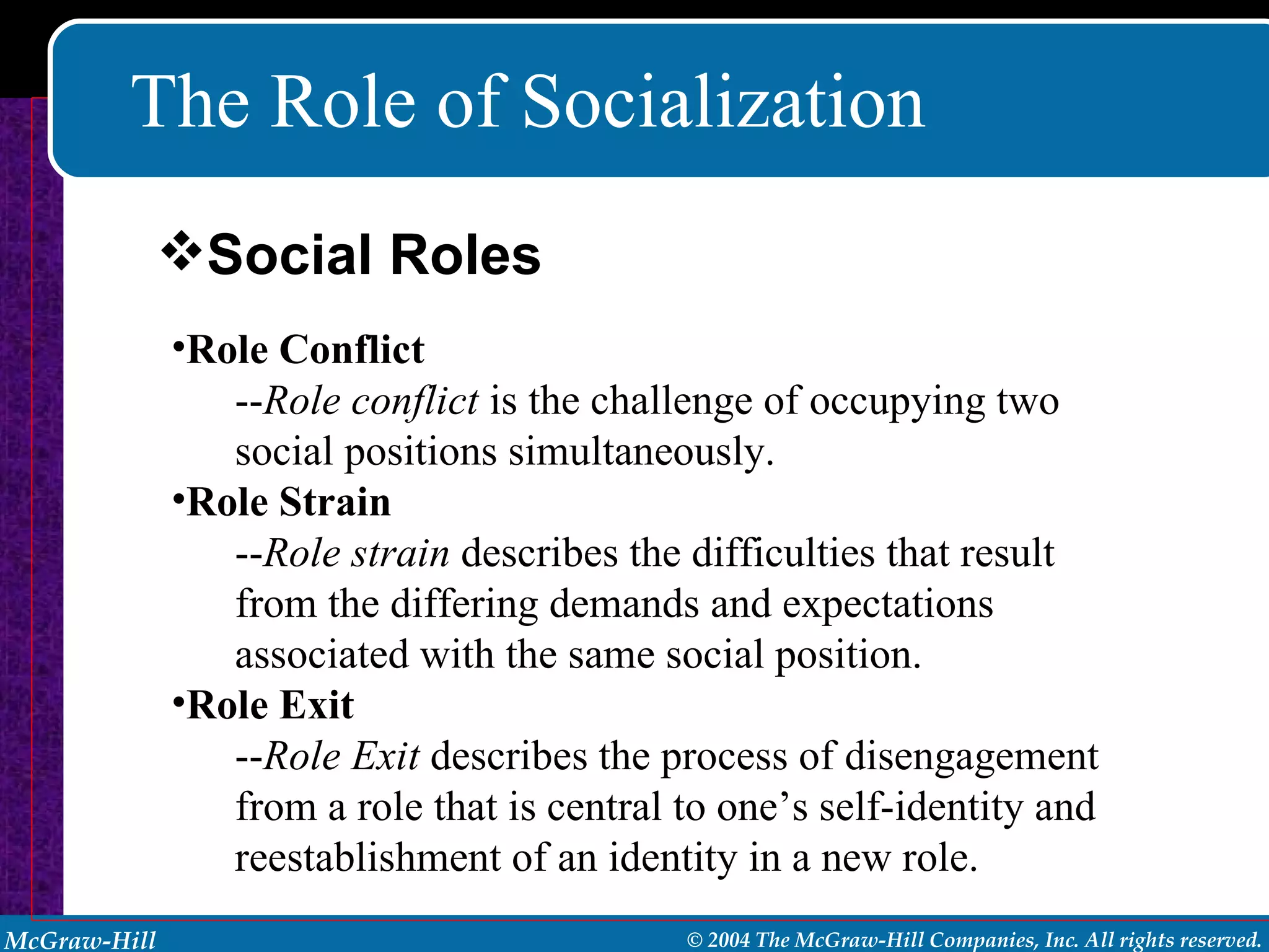 The Role of Socialization Role Conflict -- Role conflict  is the challenge of occupying two social positions simultaneously. Role Strain -- Role strain  describes the difficulties that result from the differing demands and expectations associated with the same social position. Role Exit -- Role Exit  describes the process of disengagement from a role that is central to one’s self-identity and reestablishment of an identity in a new role. Social Roles 