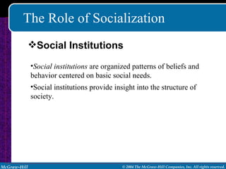 The Role of Socialization Social institutions  are organized patterns of beliefs and behavior centered on basic social needs. Social institutions provide insight into the structure of society. Social Institutions 