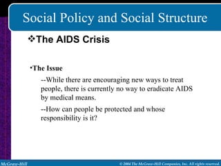 Social Policy and Social Structure The Issue --While there are encouraging new ways to treat people, there is currently no way to eradicate AIDS by medical means.  --How can people be protected and whose responsibility is it? The AIDS Crisis 