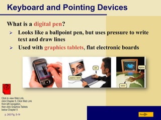 Keyboard and Pointing Devices
     What is a digital pen?
               Looks like a ballpoint pen, but uses pressure to write
                text and draw lines
               Used with graphics tablets, flat electronic boards




Click to view Web Link,
click Chapter 5, Click Web Link
from left navigation,
then click Graphics Tablets
below Chapter 5
   p. 243 Fig. 5-14                                               Next
 