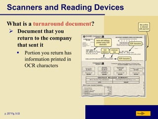 Scanners and Reading Devices
  What is a turnaround document?
     Document that you
      return to the company
      that sent it
                  Portion you return has
                   information printed in
                   OCR characters




p. 257 Fig. 5-33                            Next
 