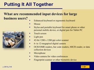 Putting It All Together
 What are recommended input devices for large
 business users?
                      Enhanced keyboard or ergonomic keyboard
                      Mouse
                      Stylus and portable keyboard for smart phone or other
                       personal mobile device, or digital pen for Tablet PC
                      Touch screen
                      Light pen
                      42-bit 1200 x 1200 ppi color scanner
                      6- to 12-megapixel digital camera
                      OCR/OMR readers, bar code readers, MICR reader, or data
                       collection devices
                      Microphone
                      Video camera for video conferences
                      Fingerprint scanner or other biometric device

p. 265 Fig. 5-46                                                     Next
 