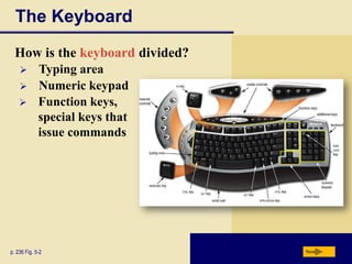 The Keyboard
  How is the keyboard divided?
            Typing area
            Numeric keypad
            Function keys,
             special keys that
             issue commands




p. 236 Fig. 5-2                  Next
 