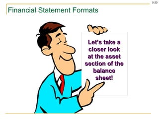 Financial Statement Formats Let’s take a closer look at the asset section of the balance sheet! 