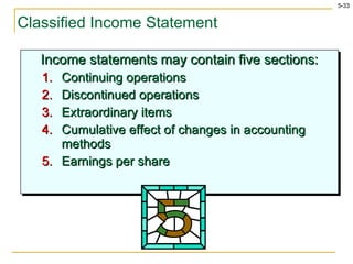Classified Income Statement Income statements may contain five sections: Continuing operations Discontinued operations Extraordinary items Cumulative effect of changes in accounting methods Earnings per share 