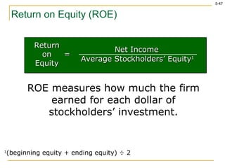 Return on Equity (ROE) 1 (beginning equity + ending equity) ÷ 2 ROE measures how much the firm earned for each dollar of stockholders’ investment. Return on Equity = Net Income Average Stockholders’ Equity 1 