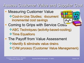 Assess Customer Value and Supplier Cost Measuring Customer Value Cost-in-Use Studies:  document  incremental cost savings Coming to Grips with Service Costs ABC Techniques (activity-based-costing) Time Equations The Payoff from Value Assessment Identify & eliminate value drains CVM process (Customer Value Management) Business Market Management,  3 rd  edition Chapter 5- 