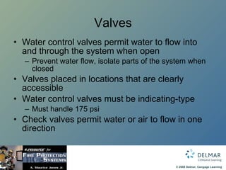 Valves Water control valves permit water to flow into and through the system when open Prevent water flow, isolate parts of the system when closed Valves placed in locations that are clearly accessible Water control valves must be indicating-type Must handle 175 psi Check valves permit water or air to flow in one direction 