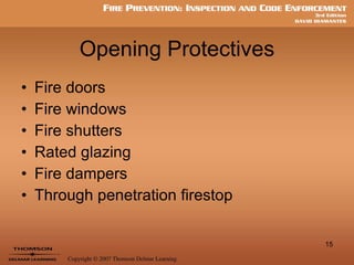 Opening Protectives Fire doors Fire windows Fire shutters Rated glazing Fire dampers Through penetration firestop 