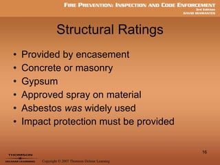 Structural Ratings Provided by encasement Concrete or masonry Gypsum Approved spray on material Asbestos  was  widely used Impact protection must be provided 