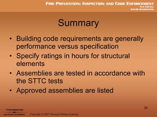 Summary Building code requirements are generally performance versus specification Specify ratings in hours for structural elements Assemblies are tested in accordance with the STTC tests Approved assemblies are listed 