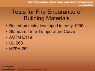 Tests for Fire Endurance of Building Materials Based on tests developed in early 1900s Standard Time-Temperature Curve ASTM E119 UL 263 NFPA 251 