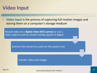 Video Input

• Video input is the process of capturing full-motion images and
  storing them on a computer’s storage medium

   Record video on a digital video (DV) camera or use a
   video capture card to convert analog signals to digital



           Connect the camera to a port on the system unit



                Transfer video and images


Page 275                                                                29
                                Discovering Computers 2012: Chapter 5
 