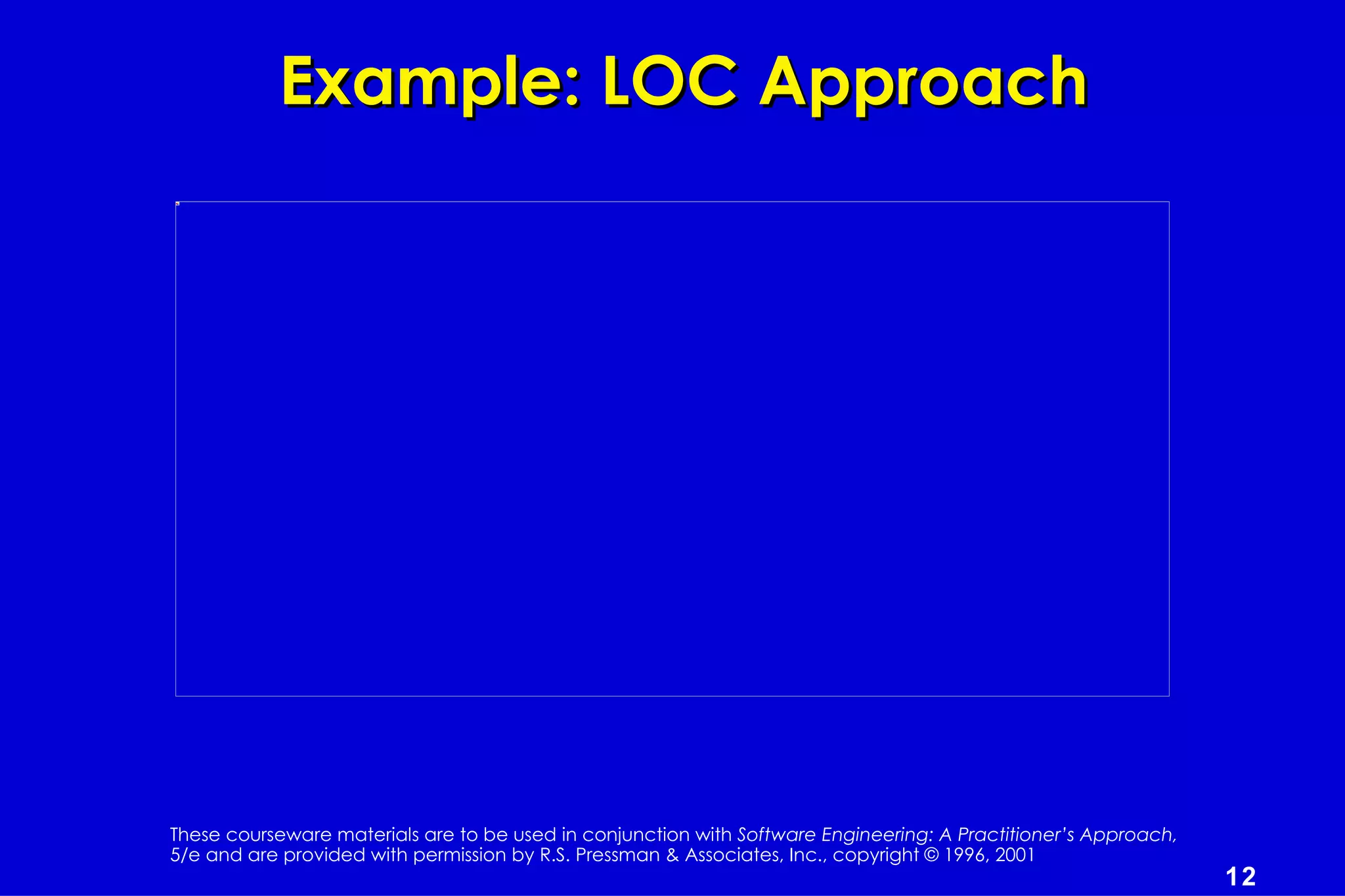 Example: LOC Approach




These courseware materials are to be used in conjunction with Software Engineering: A Practitioner’s Approach,
5/e and are provided with permission by R.S. Pressman & Associates, Inc., copyright © 1996, 2001
                                                                                                                 12
 