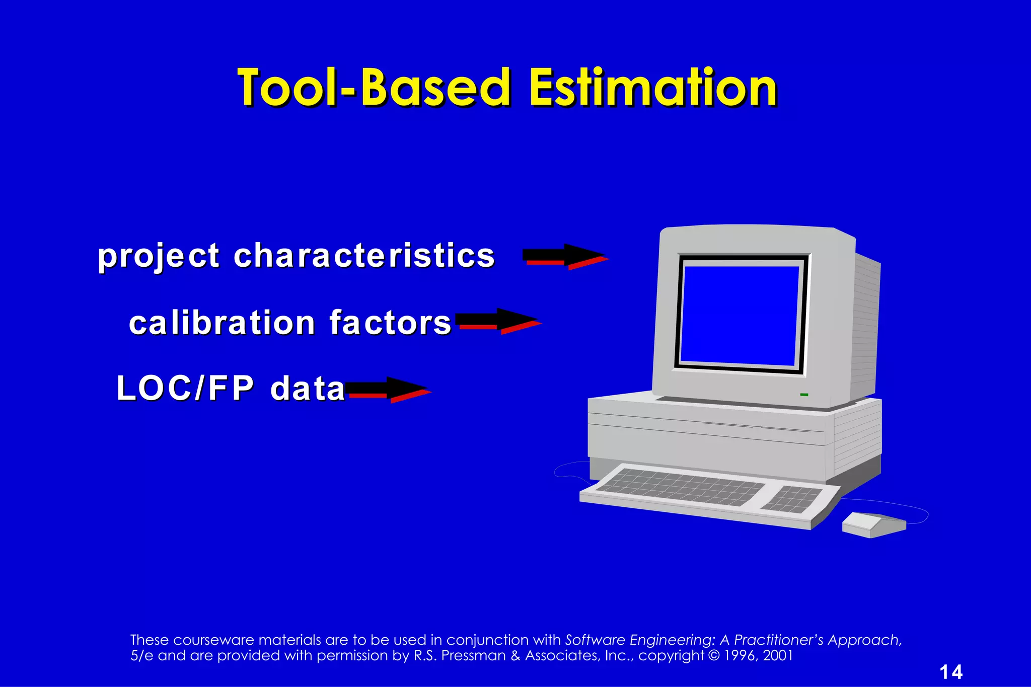 Tool-Based Estimation


project characteristics
 calibration factors
 LOC/FP data




 These courseware materials are to be used in conjunction with Software Engineering: A Practitioner’s Approach,
 5/e and are provided with permission by R.S. Pressman & Associates, Inc., copyright © 1996, 2001
                                                                                                                  14
 