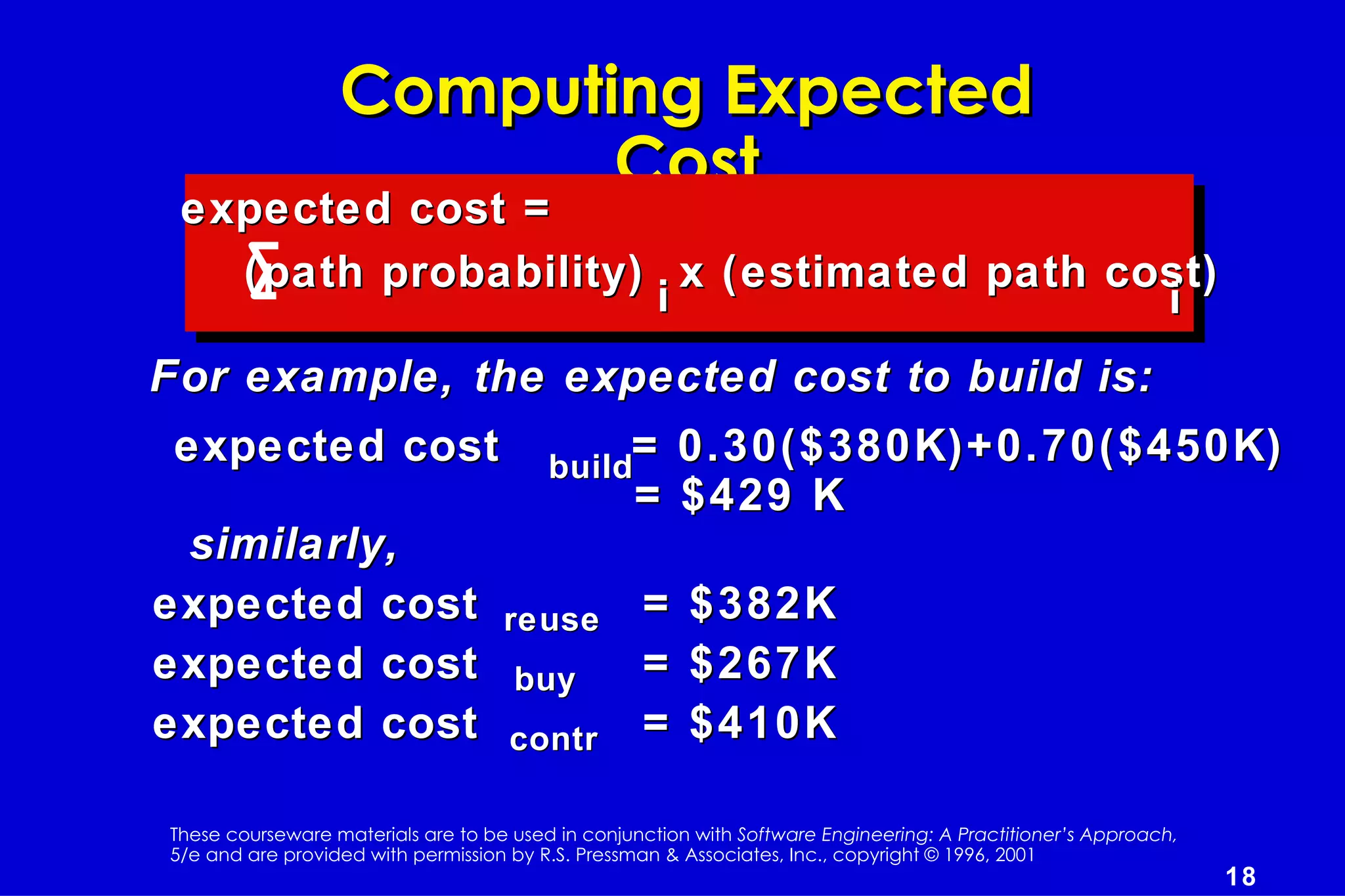 Computing Expected
                         Cost
 expected cost =
   (path probability) x (estimated path cost)
                     i                    i
For example, the expected cost to build is:
 expected cost                           build=
                                                  = 0.30($380K)+0.70($450K)
                                                  = $429 K
 similarly,
expected cost                       reuse          =    $382K
expected cost                        buy           =    $267K
expected cost                        contr         =    $410K

These courseware materials are to be used in conjunction with Software Engineering: A Practitioner’s Approach,
5/e and are provided with permission by R.S. Pressman & Associates, Inc., copyright © 1996, 2001
                                                                                                                 18
 